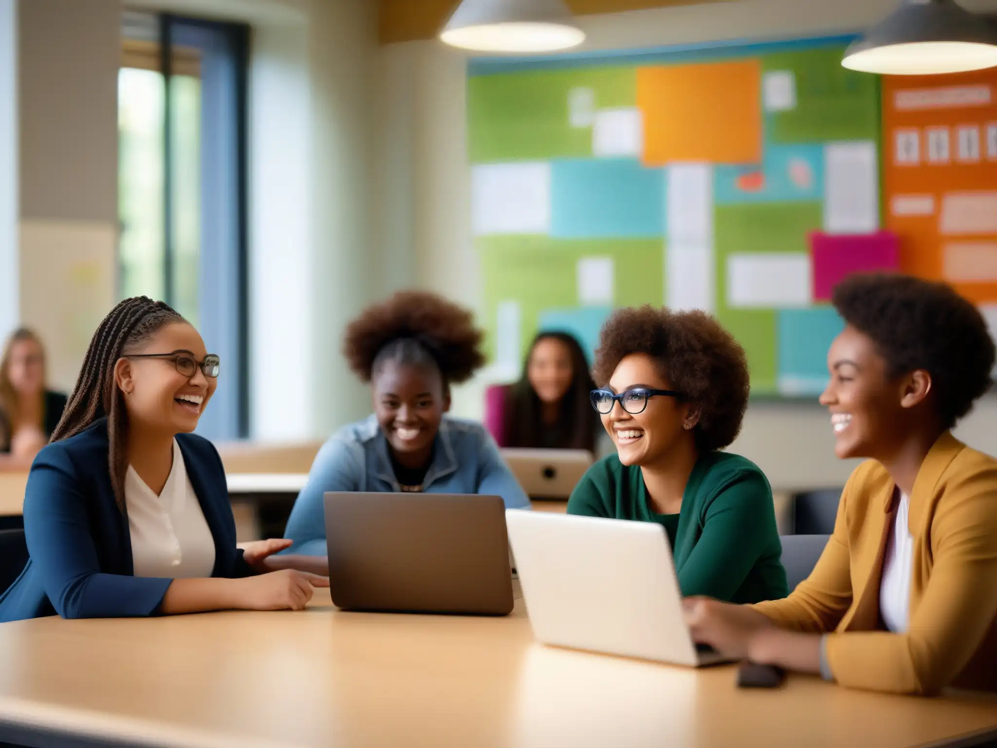 Vibrante colaboración estudiantil en aula moderna Estudiantes colaborando en un proyecto educativo con integración de Webex en educación, en un aula moderna y luminosa