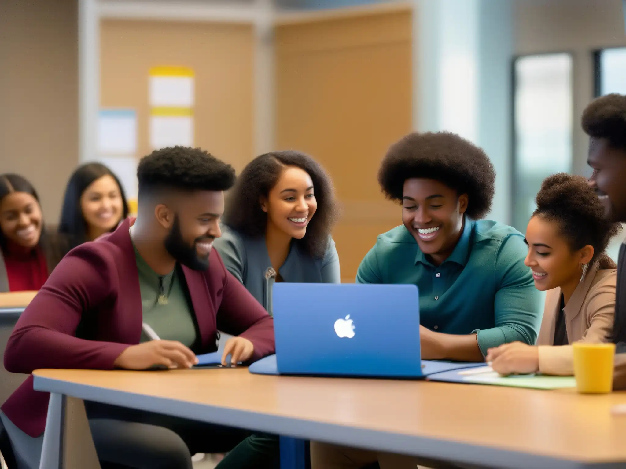 Colaboración estudiantil con Trello: trabajo en equipo innovador Estudiantes colaborando en proyecto educativo con Trello como herramienta educativa