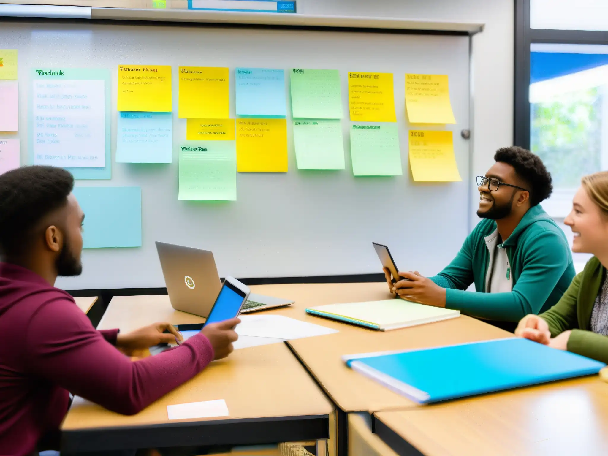 Equipo de estudiantes colaborando en proyecto con Trello Estudiantes colaborando en proyecto educativo con Trello como herramienta educativa, ambiente de productividad y trabajo en equipo