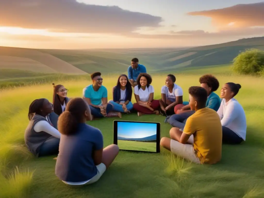 Emocionante intercambio educativo en la naturaleza Estudiantes rurales en círculo, participan emocionados en una llamada de Skype al atardecer