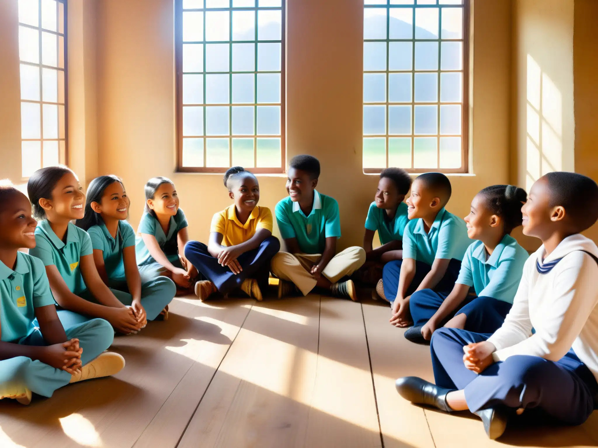 Conexión educativa: niños disfrutan de clase virtual en entorno rural Estudiantes rurales en círculo participando entusiastas en una clase virtual a través de Skype como herramienta didáctica en escuelas rurales