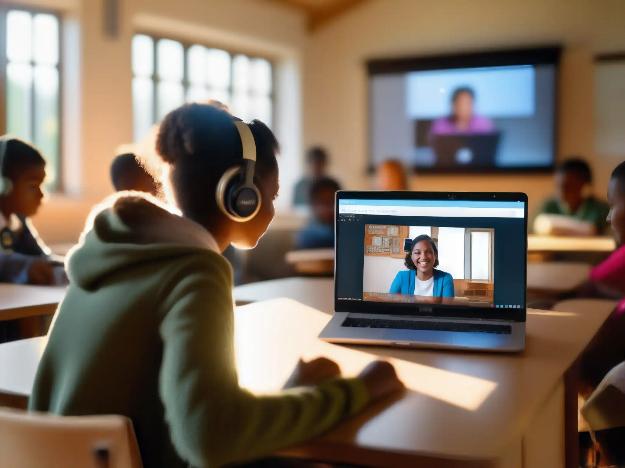 Aula remota conecta a estudiantes rurales Estudiantes rurales usan Skype como herramienta didáctica en aula moderna con luz cálida