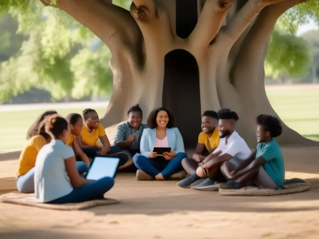 Conexión rural: aprendizaje digital bajo un árbol Estudiantes rurales participan en videoconferencia bajo un árbol, implementando videoconferencias en educación rural