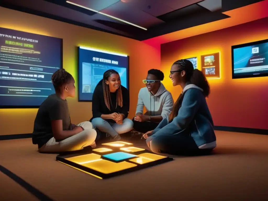 Estudiantes resolviendo en equipo en escape room virtual Estudiantes colaborando en una sala de escape virtual, inmersos en la resolución de acertijos y trabajando juntos para encontrar pistas