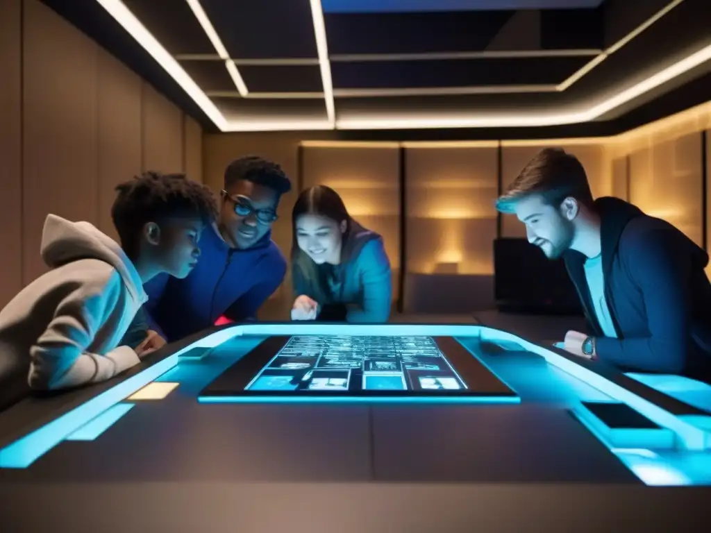 Estudiantes disfrutan escape room virtual Estudiantes colaborando en sala de escape virtual para colaboración, emocionados y concentrados resolviendo desafíos en ambiente moderno e inmersivo