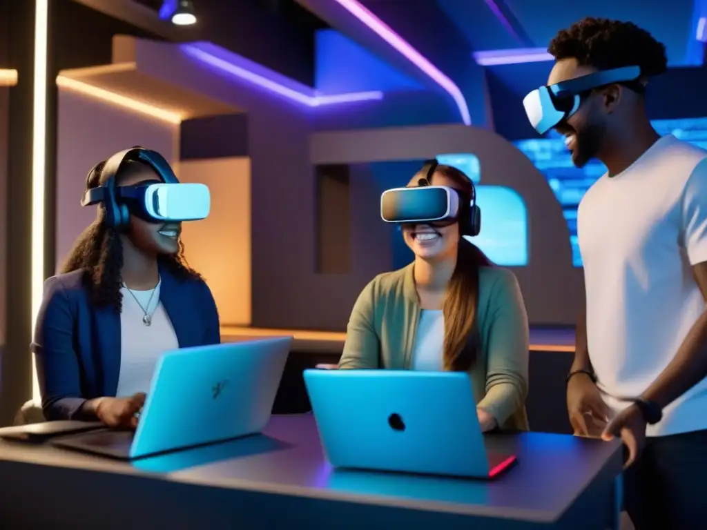 Estudiantes colaboran en escape room virtual con realidad aumentada Estudiantes disfrutan colaborando en sala de escape virtual, con tecnología futurista y holográfica