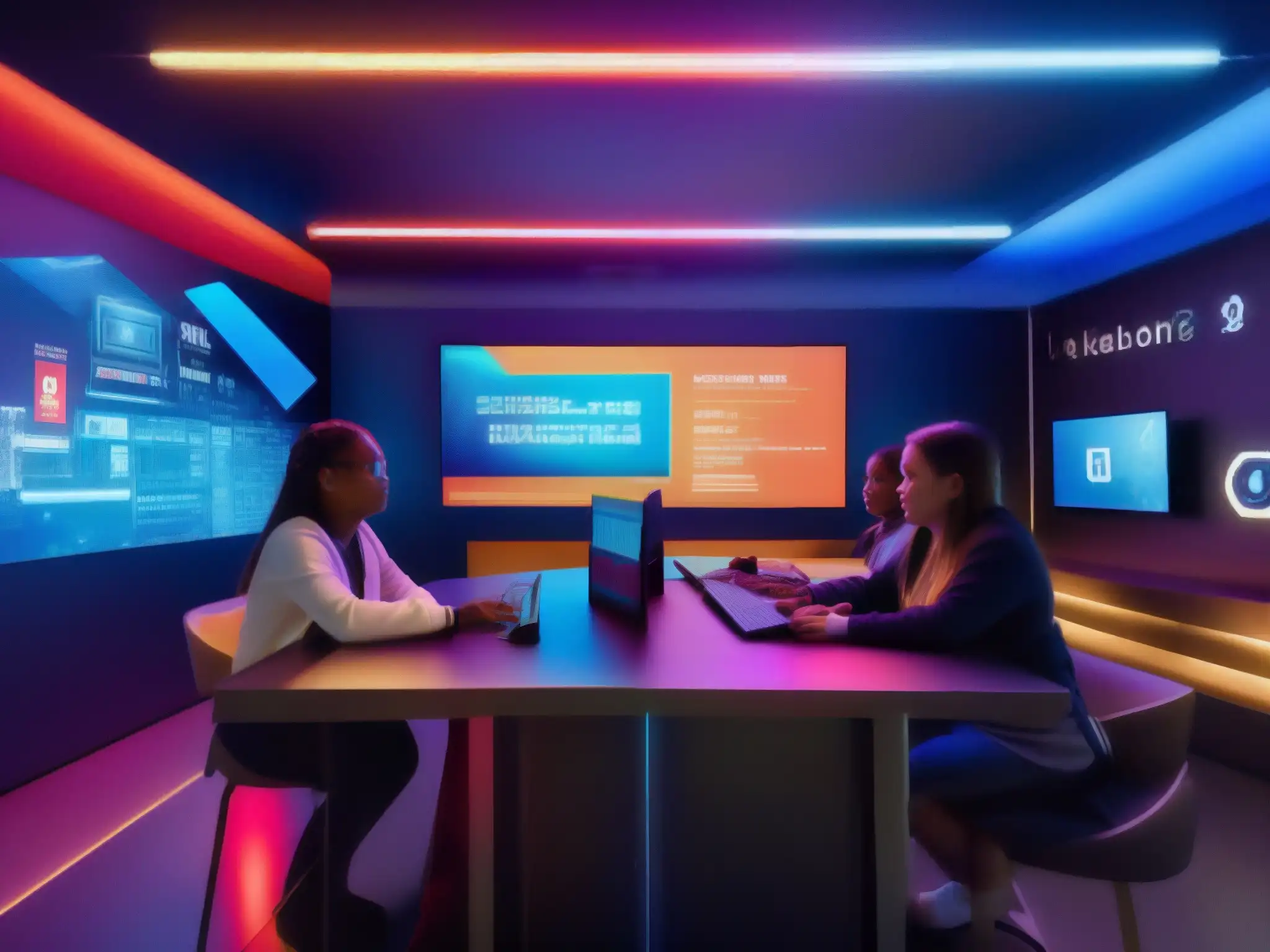 Escape room educativo virtual: trabajo en equipo y tecnología innovadora Estudiantes colaborando en una sala de escape virtual futurista, resolviendo acertijos y desbloqueando cerraduras