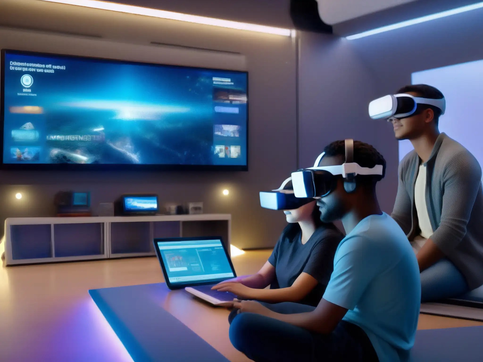 Aprende en un aula virtual futurista con tecnología de realidad virtual Estudiantes interactúan en sala de escape virtual para colaboración, inmersos en tecnología educativa futurista