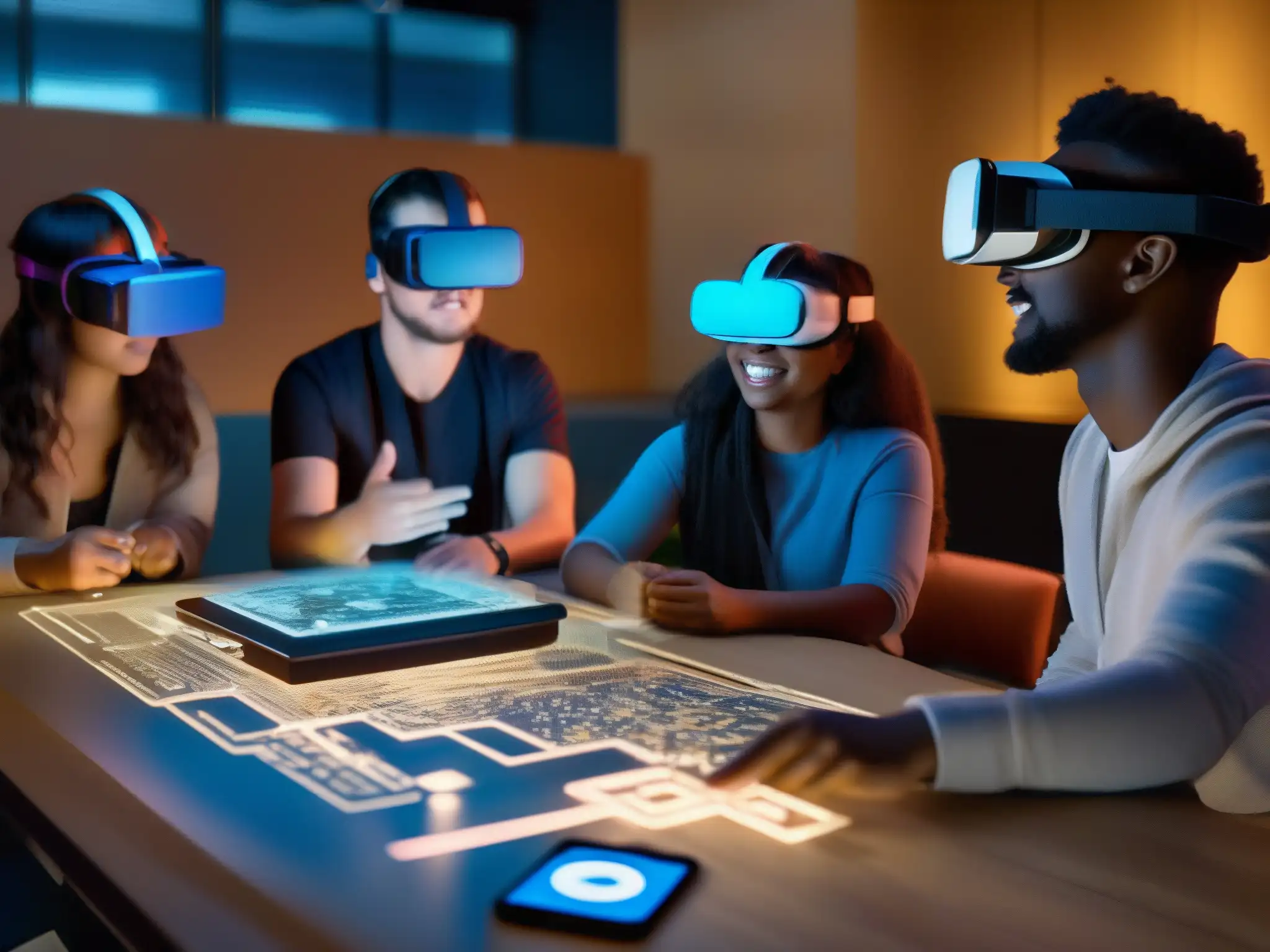 Estudiantes inmersos en escape room virtual Estudiantes colaborando en una sala de escape virtual con auriculares de realidad virtual, resolviendo enigmas de forma entusiasta