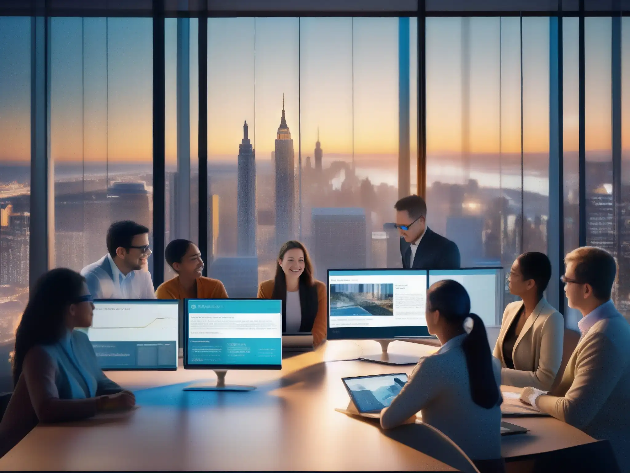 Aula virtual futurista: aprendizaje interactivo en la ciudad Estudiantes participando en una sala virtual con tecnología avanzada de las mejores plataformas de videoconferencia para educación online en 2023