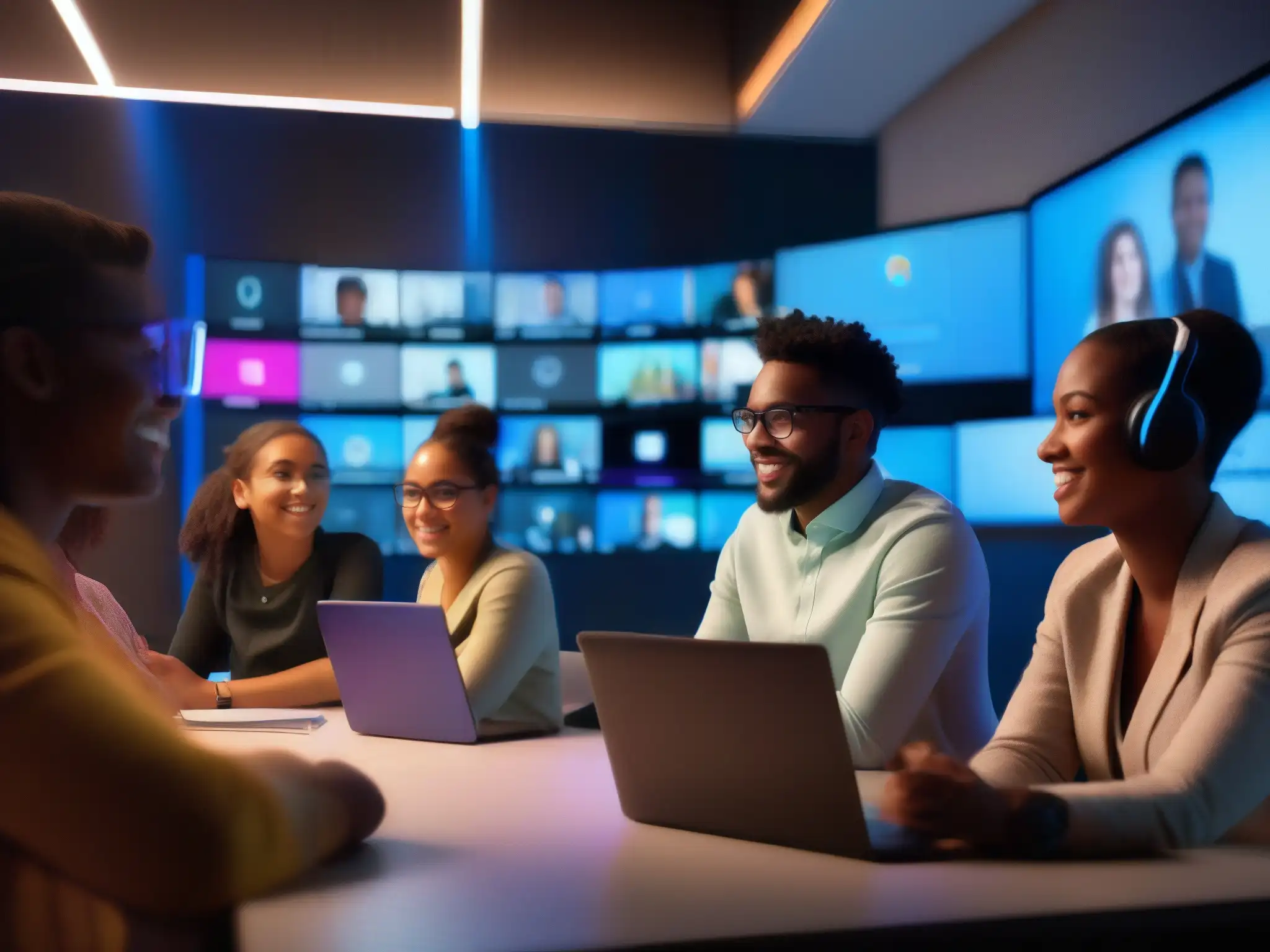 Aprendizaje en línea: Estudiantes participando en discusión virtual Estudiantes participan activamente en una sesión de aprendizaje virtual en una plataforma potencia aprendizaje virtual, colaborativa y tecnológica