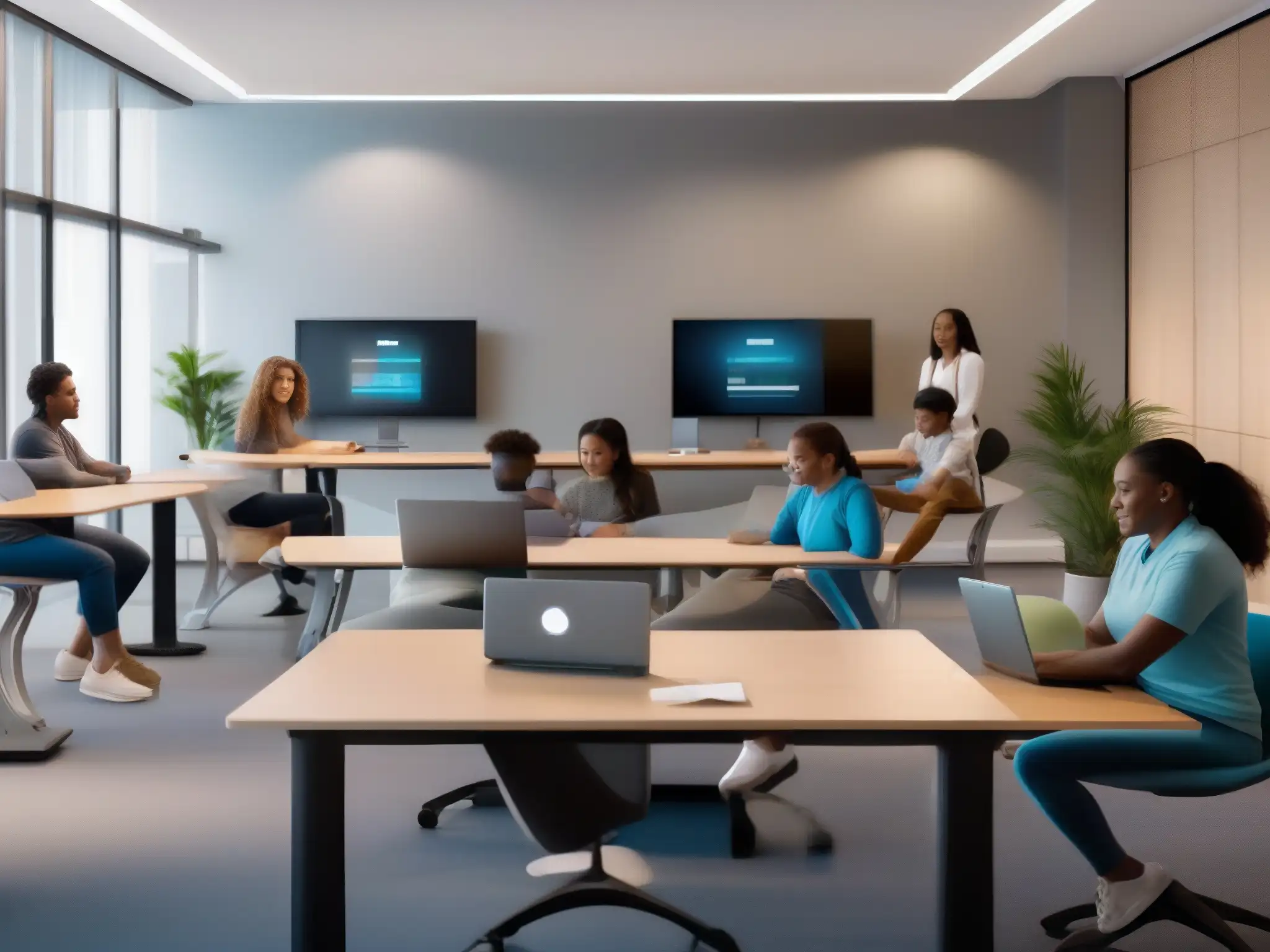 Estudiantes activos en clase virtual con ejercicios ergonómicos Estudiantes participando en sesión de videoconferencia educativa, con importancia en ergonomía y ejercicio activo dirigido por el profesor