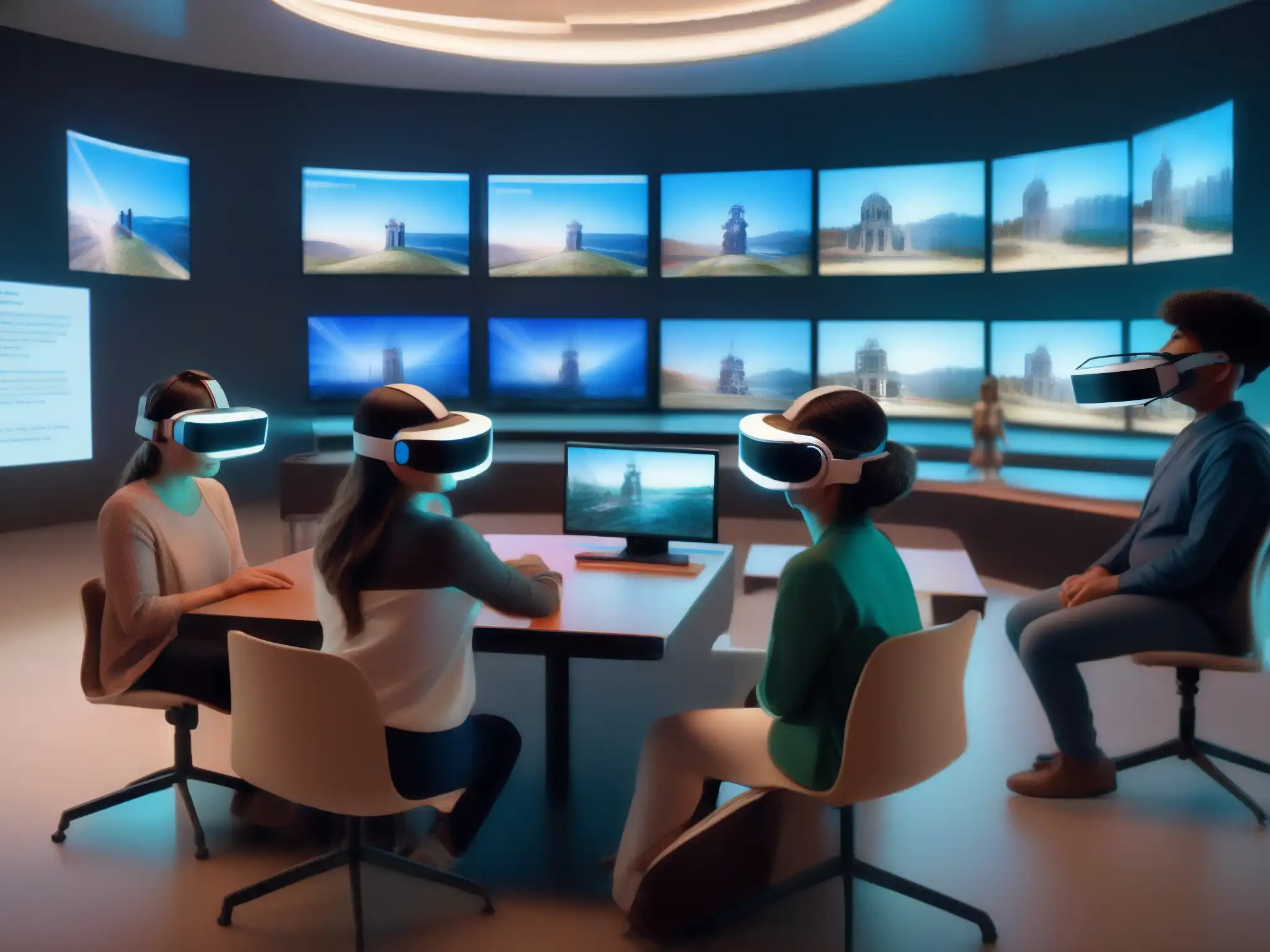 Simulación de realidad virtual con avatares AI en aula futurista Estudiantes explorando una simulación de realidad virtual con avatares de IA en plataformas de videoconferencia educativa, creando un ambiente de aprendizaje futurista y dinámico
