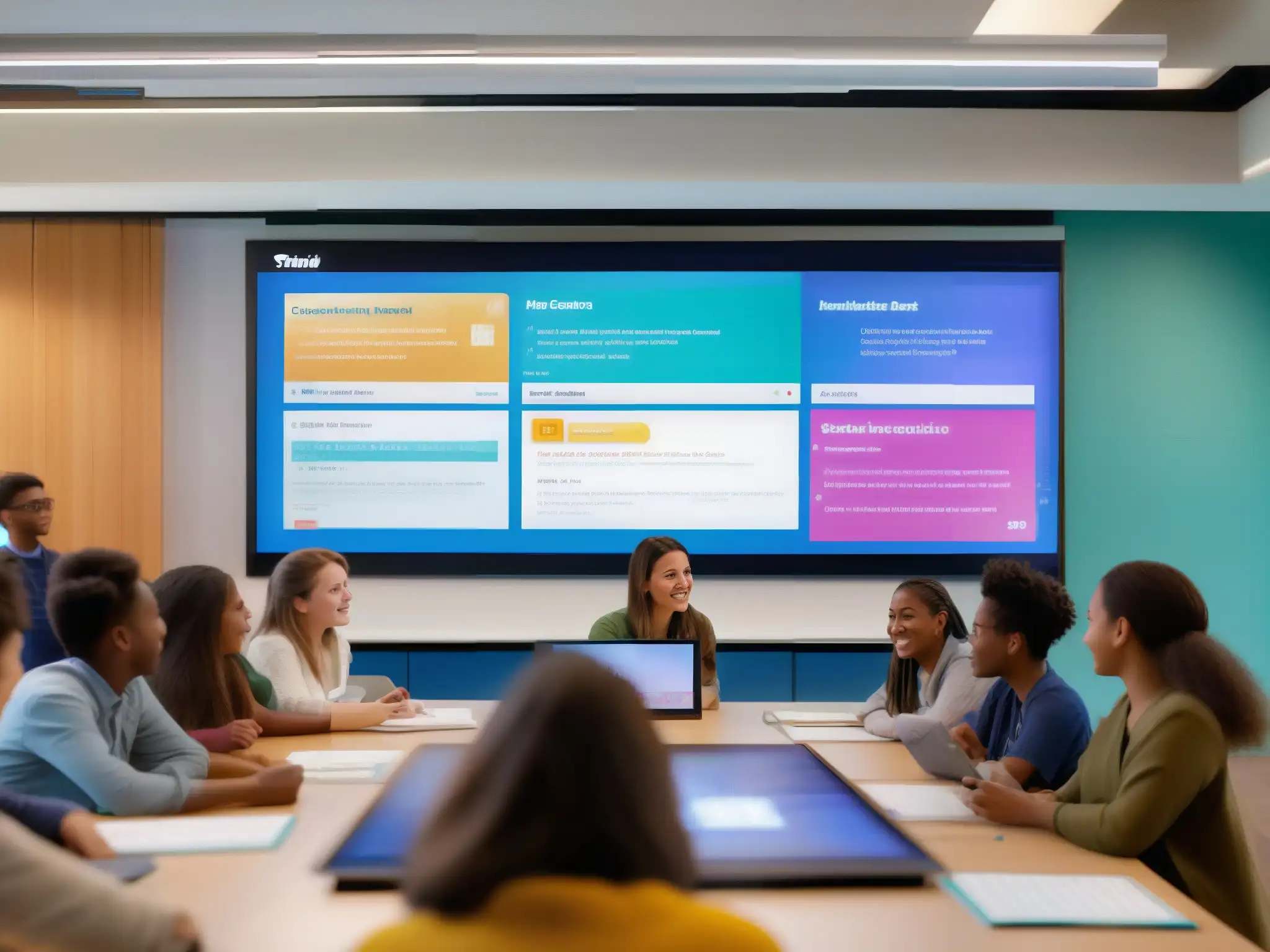 Estudiantes colaborando en Trello en aula moderna Estudiantes colaborando en un tablero Trello en aula moderna con Trello como herramienta educativa