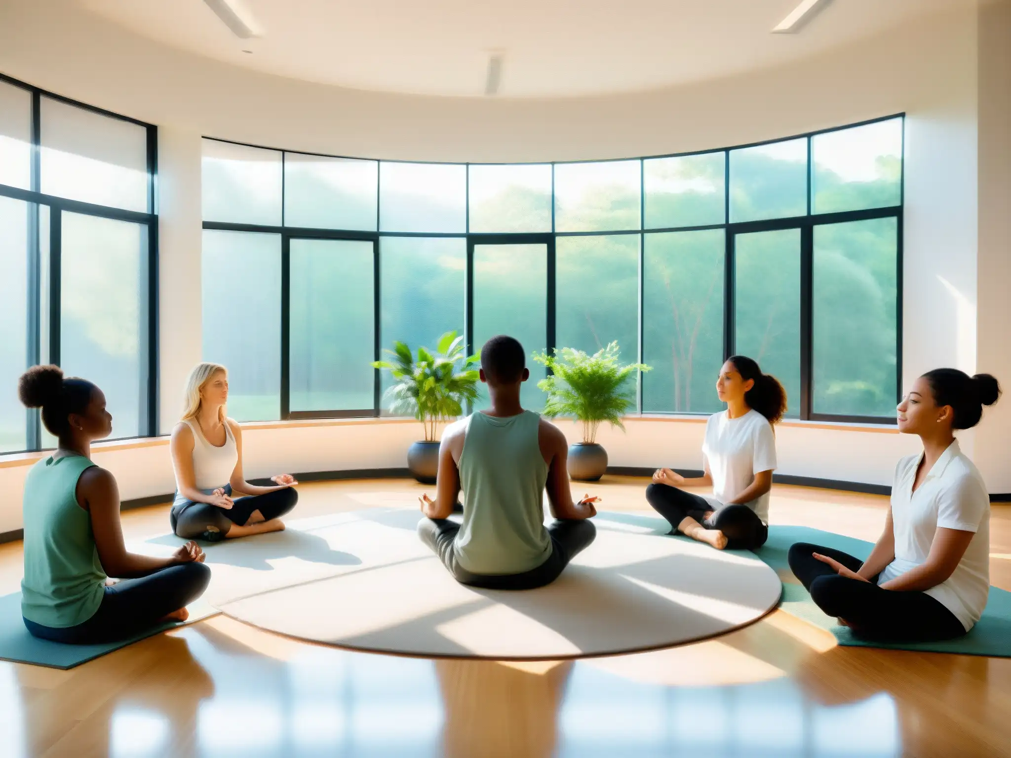 Práctica de mindfulness en aula moderna Estudiantes practican técnicas de mindfulness en videoconferencia en un aula serena y moderna, con luz natural filtrada por grandes ventanas