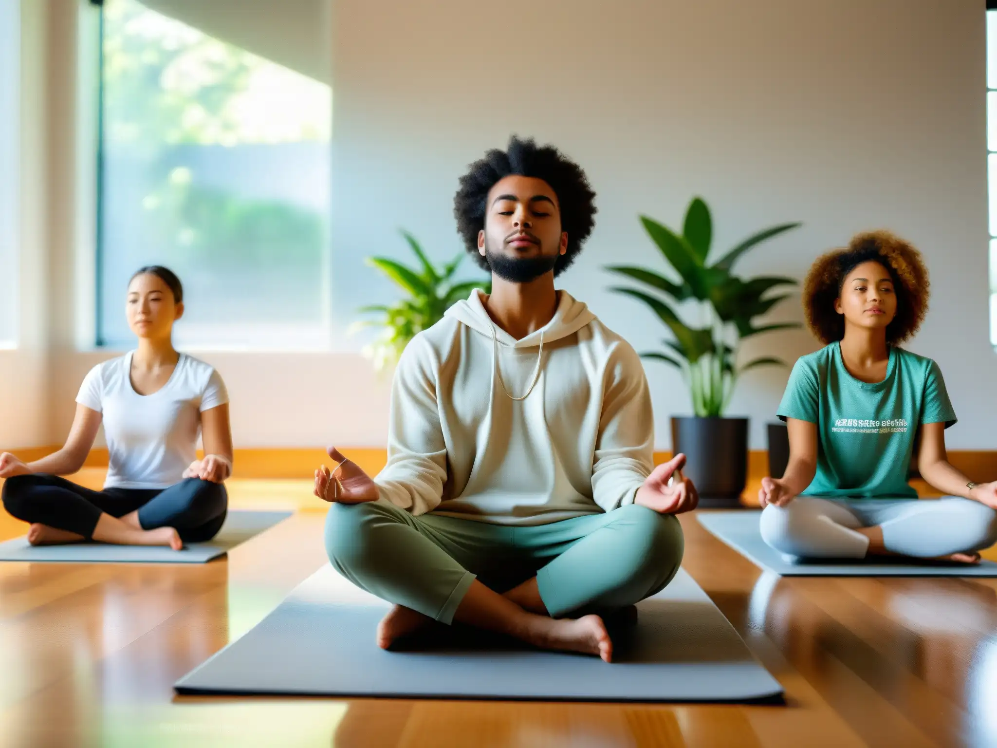 Clase virtual de mindfulness para estudiantes: calma y concentración Estudiantes practicando técnicas de mindfulness en videoconferencia, creando un espacio tranquilo y concentrado