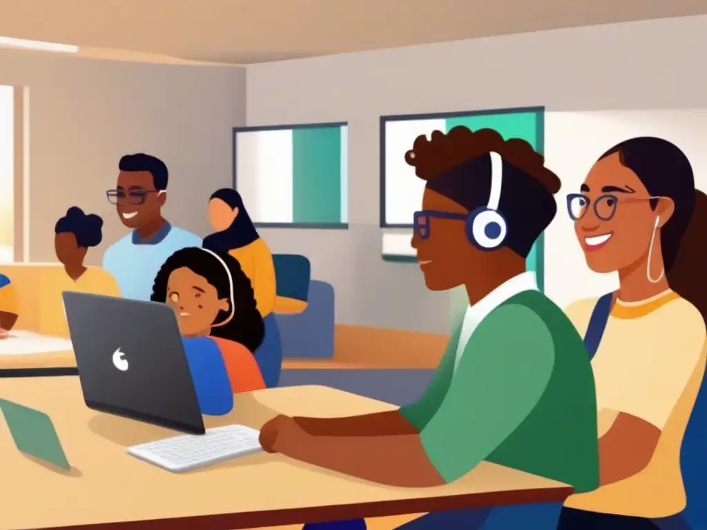 Plataforma educativa inclusiva: estudiantes diversos participando en Google Meet Estudiantes diversos participan con tecnologías accesibles en Google Meet, mejorando accesibilidad en videoconferencia educativa