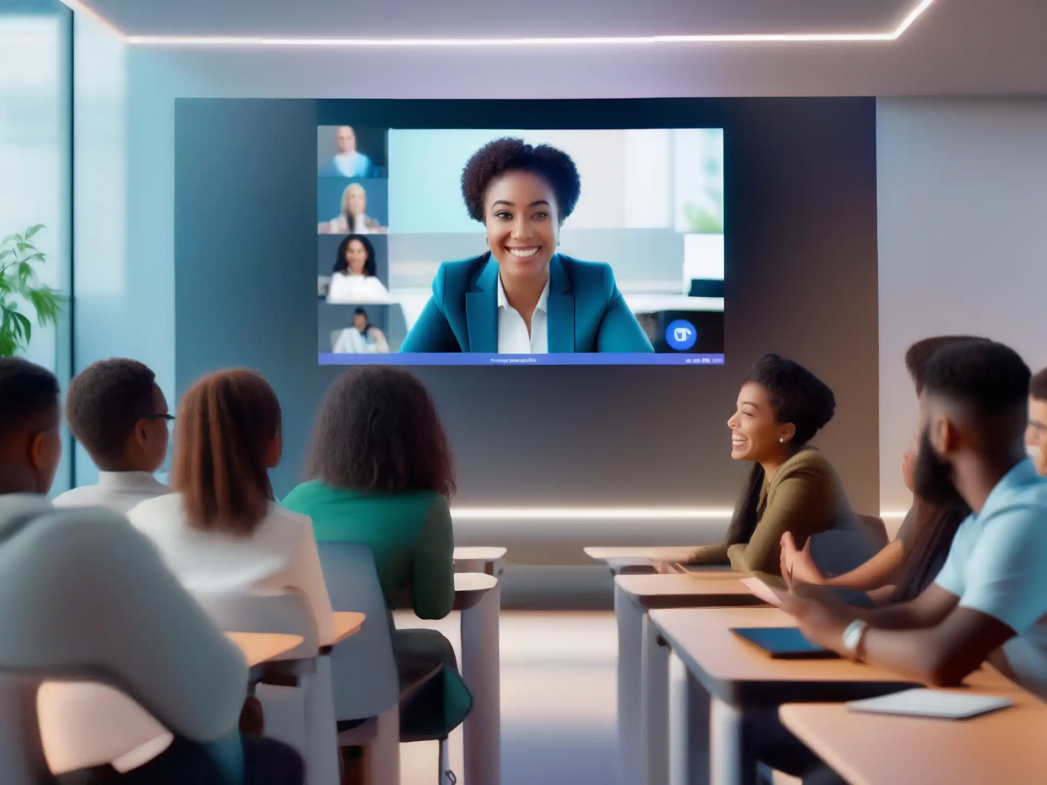 Clase virtual interactiva con tutor AI en aula futurista Estudiantes interactúan con tutor virtual en sala de clases futurista