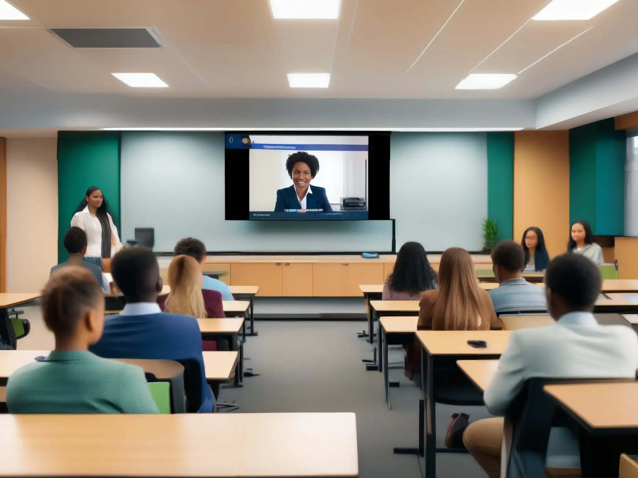 Clase moderna con videoconferencia de alta calidad Estudiantes participando en una videoconferencia de alta calidad en un aula moderna