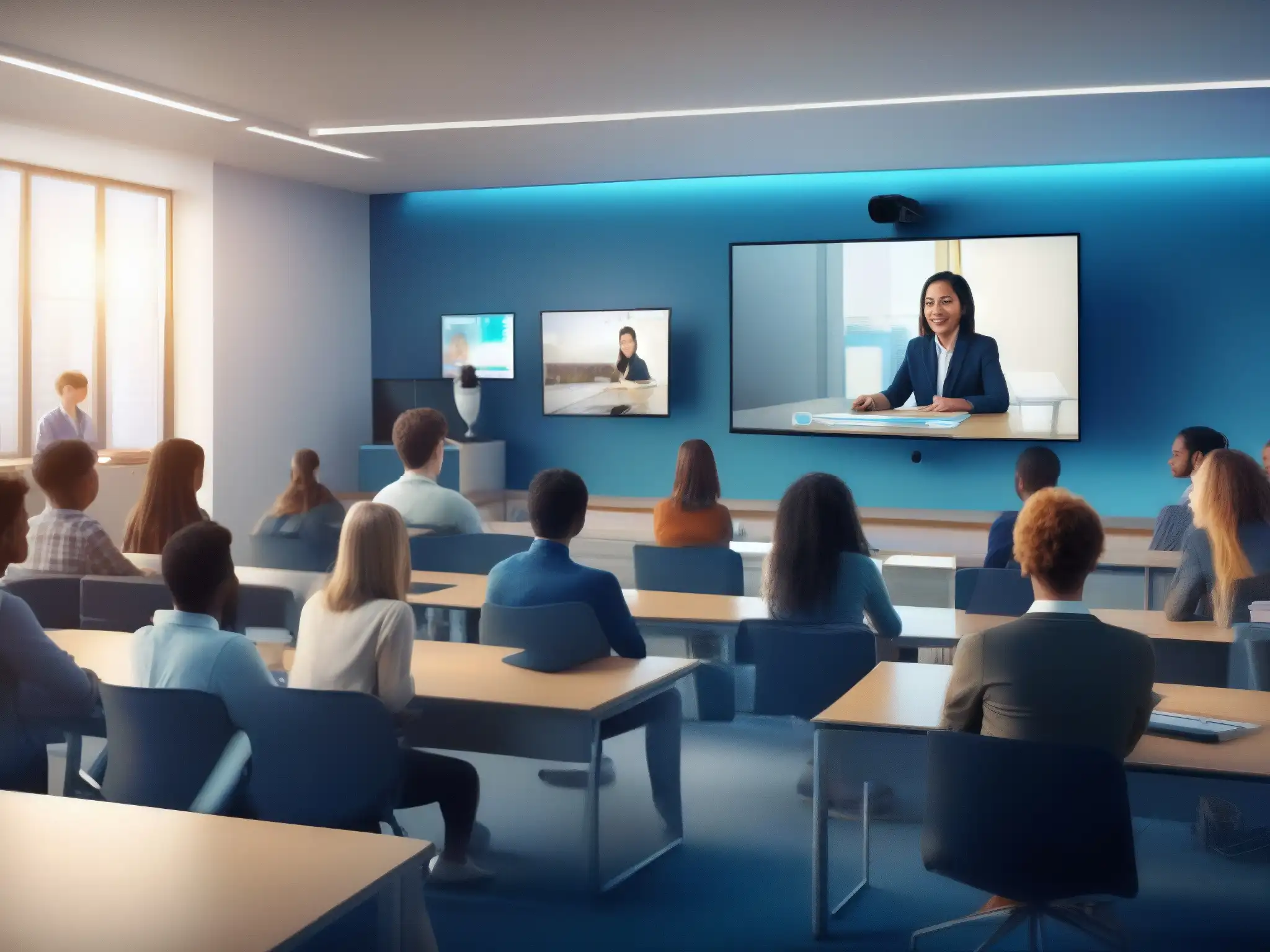 Clase virtual dinámica con BigBlueButton Estudiantes participan en una videoconferencia de alta calidad usando BigBlueButton, creando un ambiente educativo y profesional