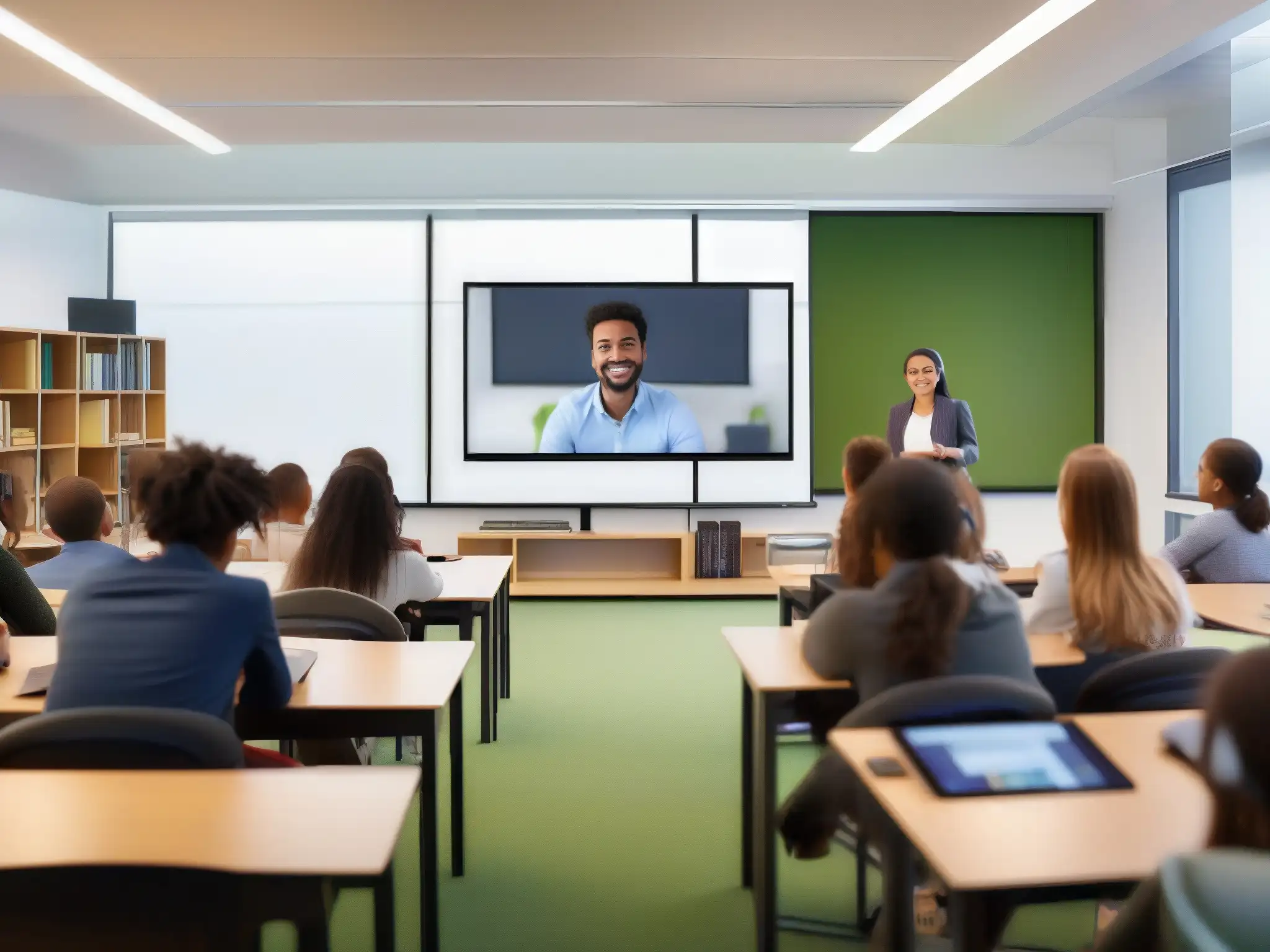 Aula moderna con videoconferencia LMS: aprendizaje dinámico Estudiantes participando en una videoconferencia en un aula moderna con integraciones LMS para videoconferencia, en un ambiente dinámico y interactivo