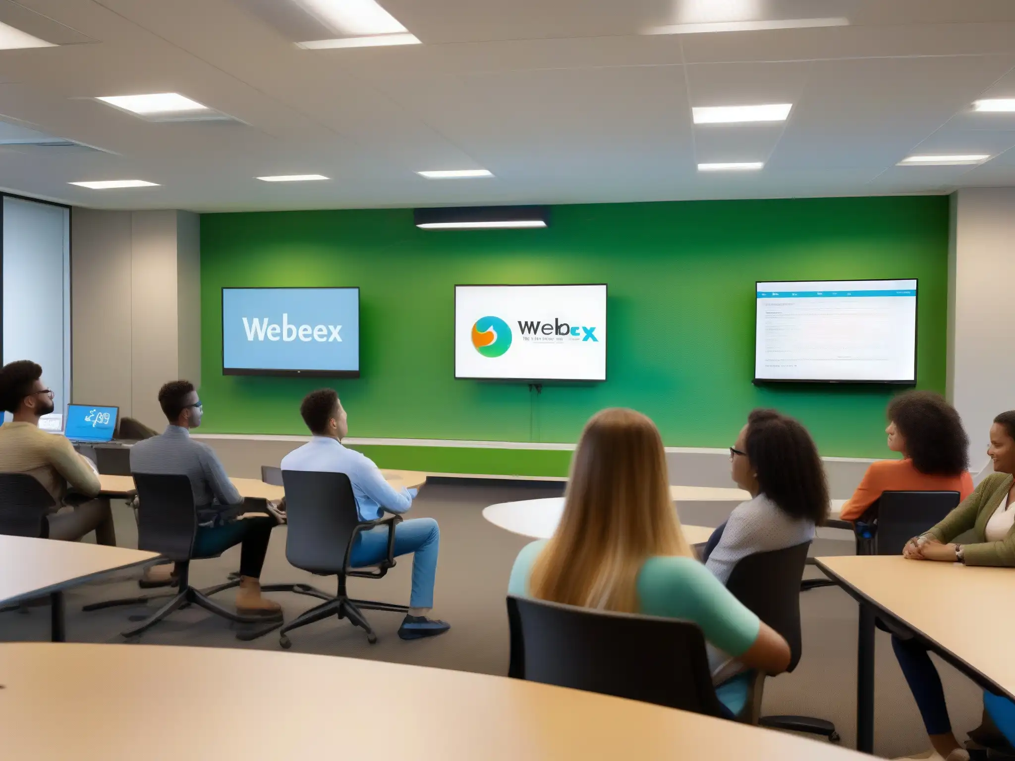 Clase interactiva con Webex: Tecnología educativa de vanguardia Estudiantes participando en una videoconferencia Webex en un aula moderna, destacando el impacto de Webex en la educación