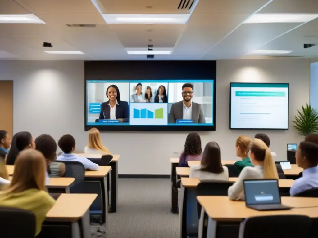 Clase moderna con videoconferencia educativa Estudiantes participando en videoconferencia en aula moderna con integraciones de videoconferencia sector educativo