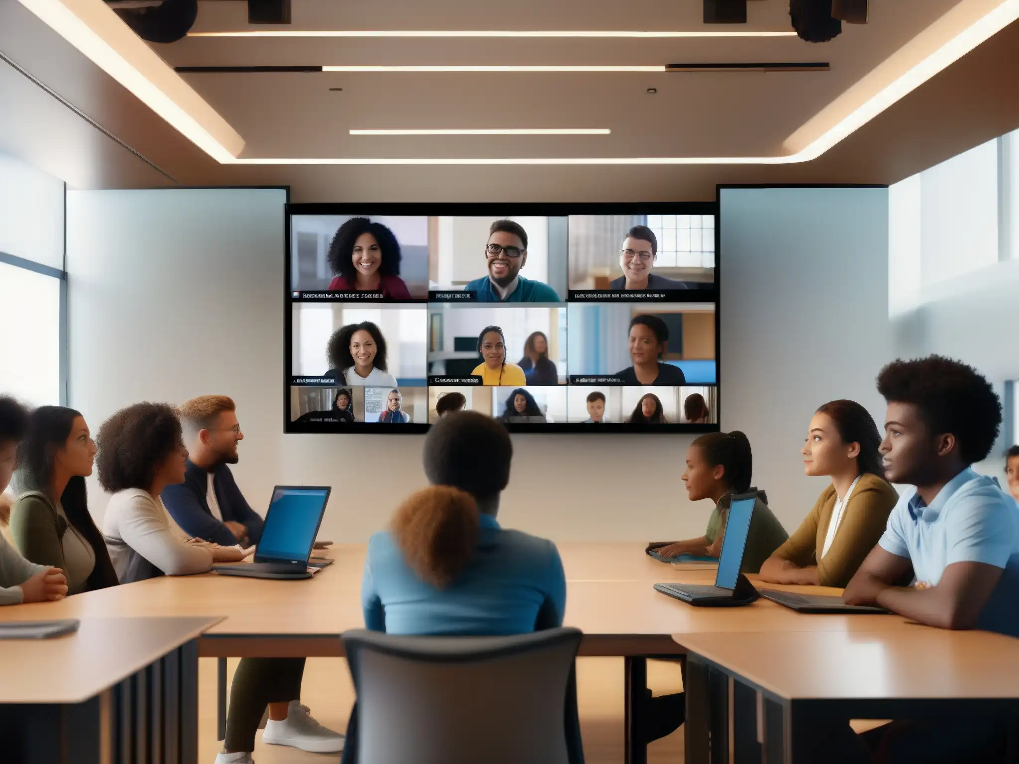 Estudiantes en videoconferencia: Conexión educativa moderna Estudiantes participando en una videoconferencia en un aula moderna