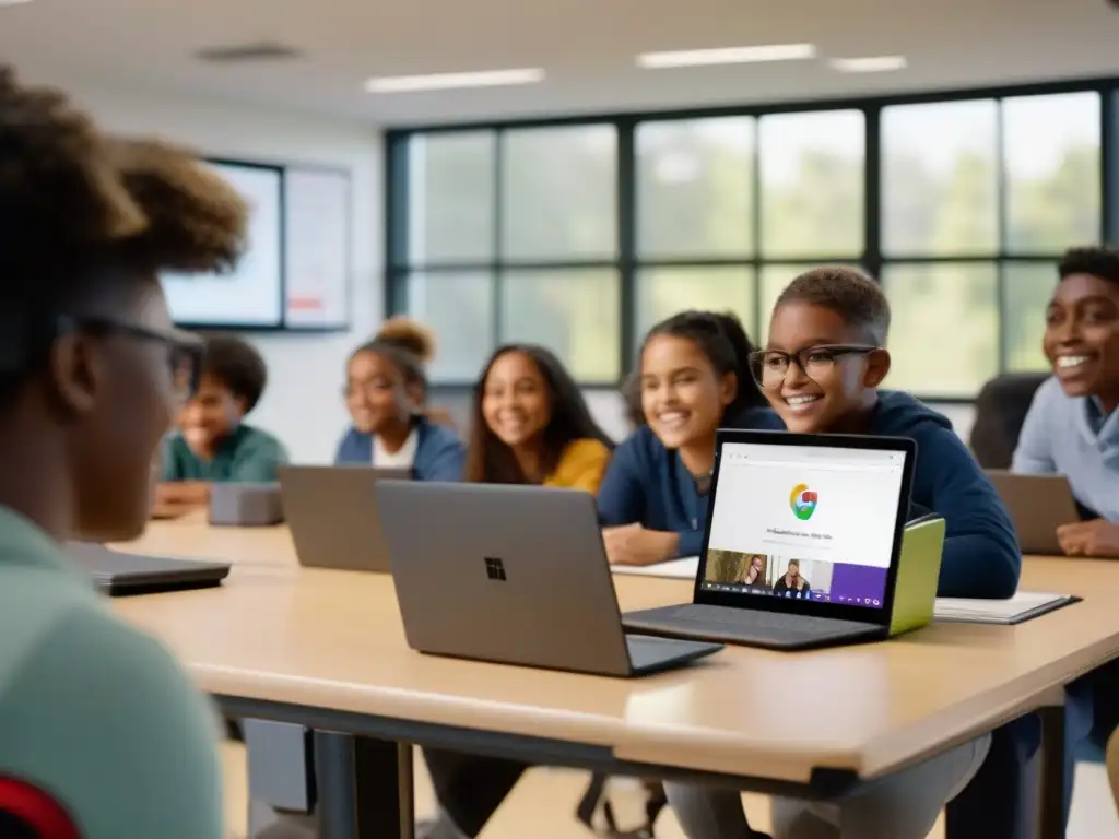 Clase interactiva en Microsoft Teams con Chromebooks Estudiantes participando activamente en videoconferencia con sus Chromebooks en aula luminosa
