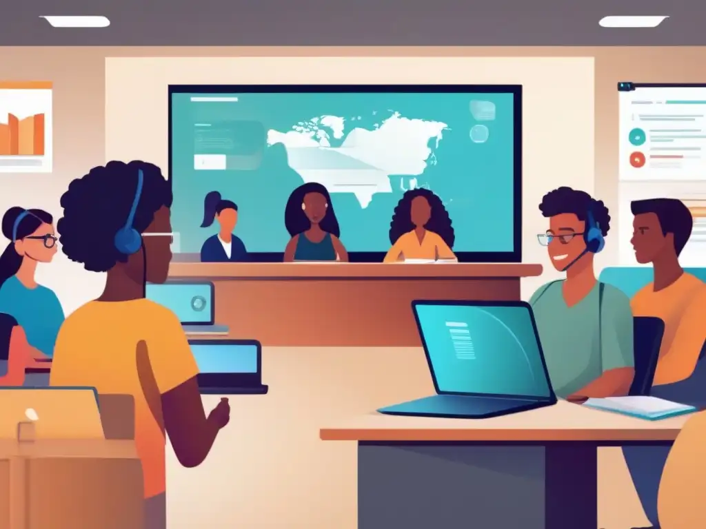 Estudiantes en videoconferencia: aprendizaje virtual dinámico Estudiantes participan activamente en una videoconferencia con consejos para mantener la atención