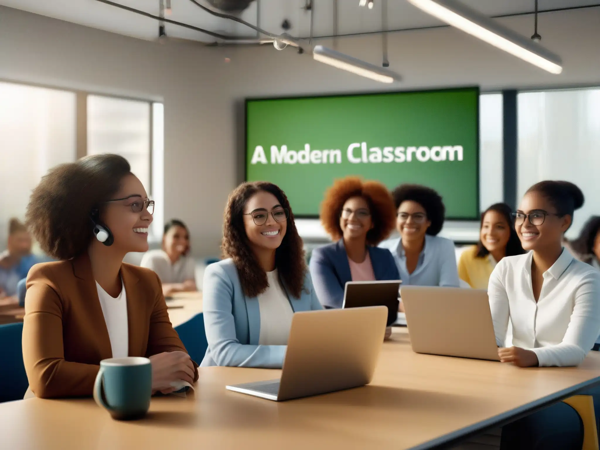 Aula moderna con IA potenciando aprendizaje Estudiantes participan en videoconferencia educativa con inteligencia artificial