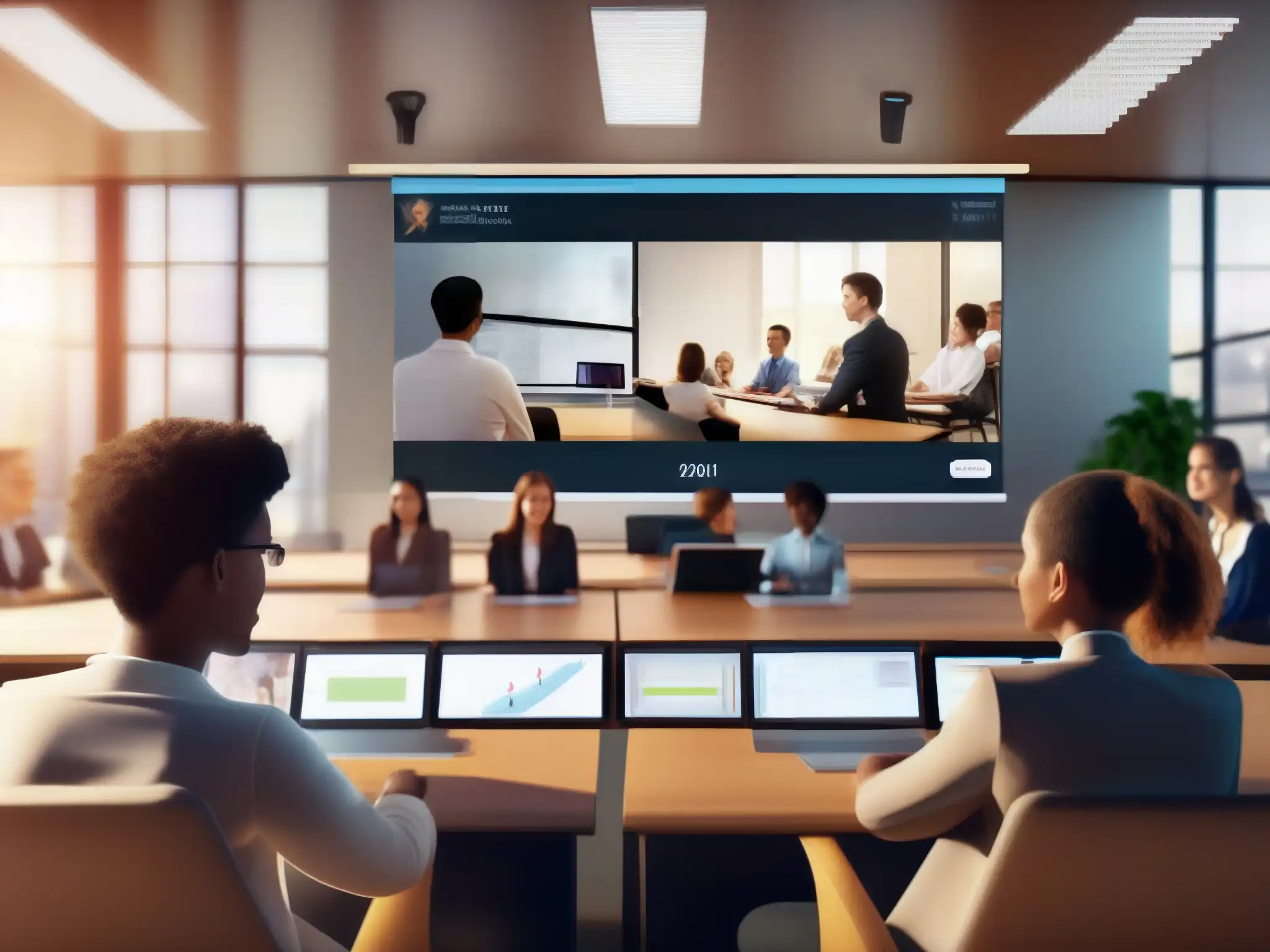 Aula virtual moderna: interacción estudiantil en videoconferencia Los estudiantes se conectan en una videoconferencia educativa, usando las mejores herramientas de videoconferencia para mejorar su aprendizaje virtual