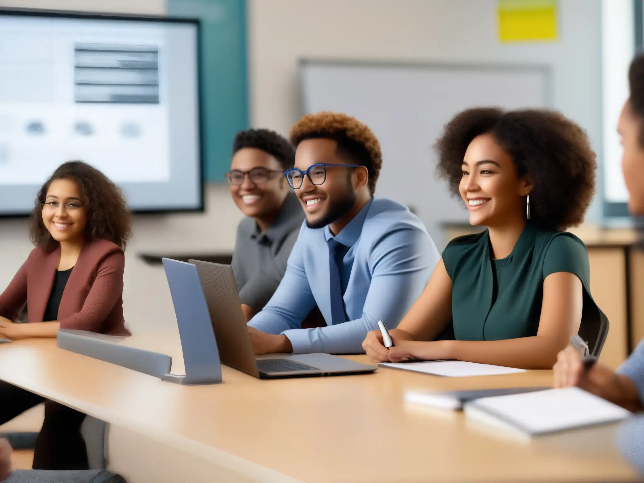 Clase interactiva: diversidad y tecnología en educación Estudiantes participando en videoconferencia educativa personalizada