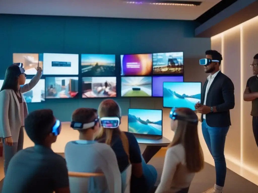 Estudiantes inmersos en lección virtual con AR Estudiantes en videoconferencia educativa con realidad aumentada, interactuando con tecnología avanzada y mostrando entusiasmo