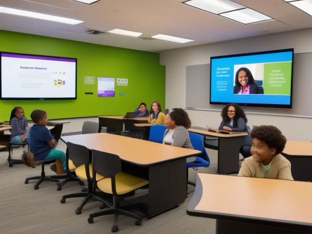 Aula inclusiva: tecnología para la diversidad Estudiantes diversos participan en una videoconferencia educativa, con tecnología accesible y ambiente inclusivo