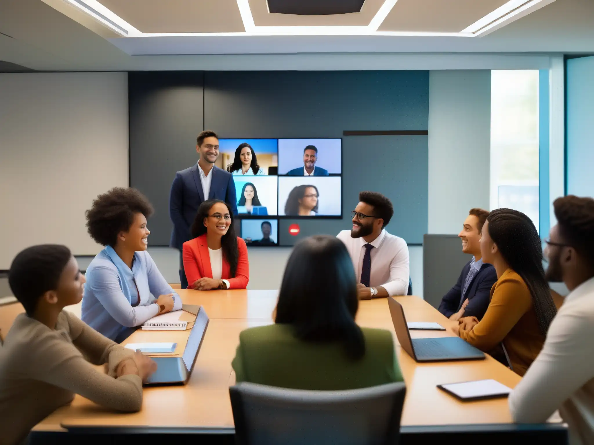 Vibrante discusión virtual entre estudiantes diversos Estudiantes participan activamente en videoconferencia, resaltando la efectividad de la implementación de videoconferencias en resultados académicos