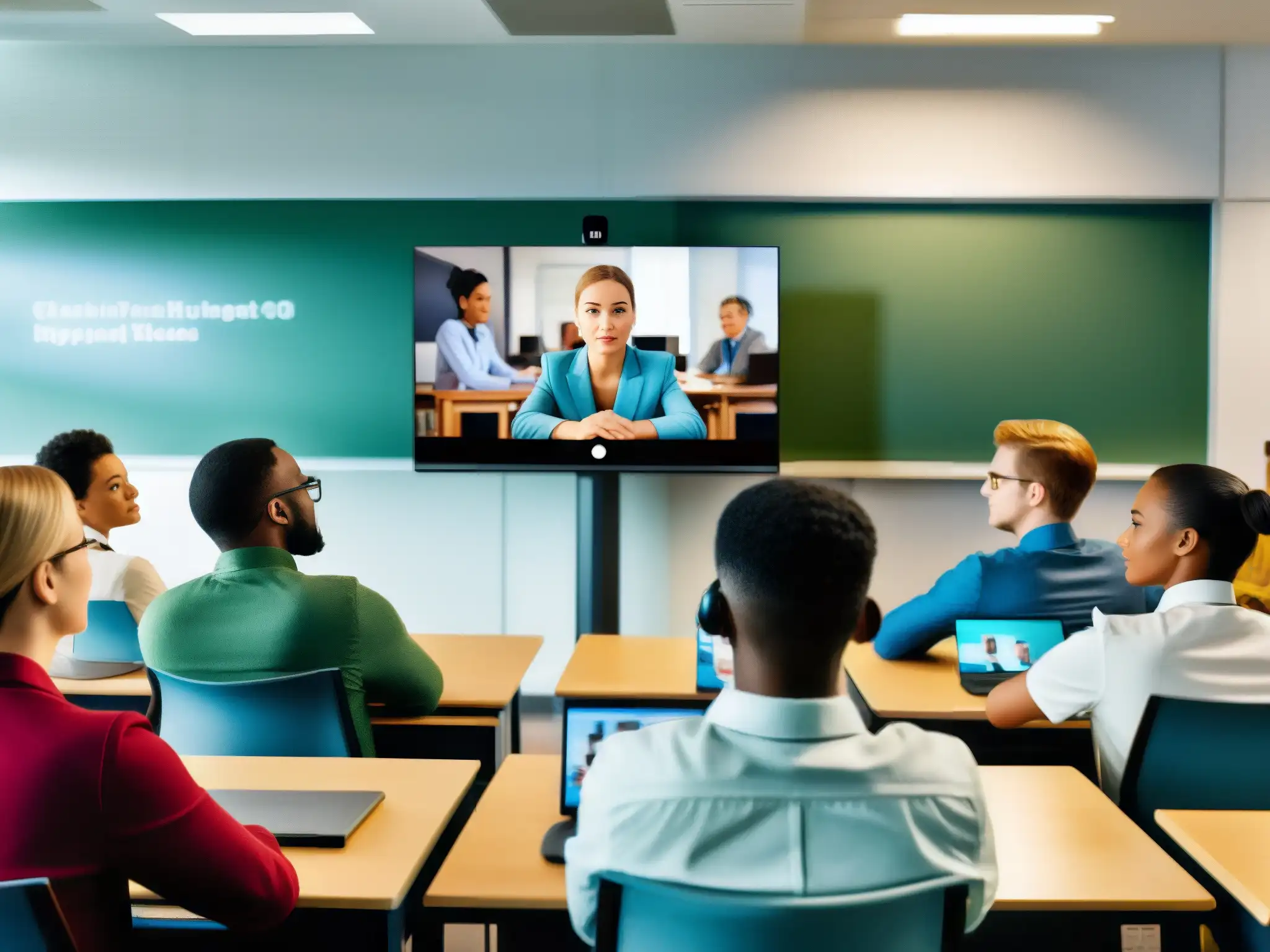 Clase participativa en videoconferencia: colaboración y aprendizaje activo Estudiantes participan activamente en una videoconferencia, mostrando estrategias para mejorar engagement en videoconferencias