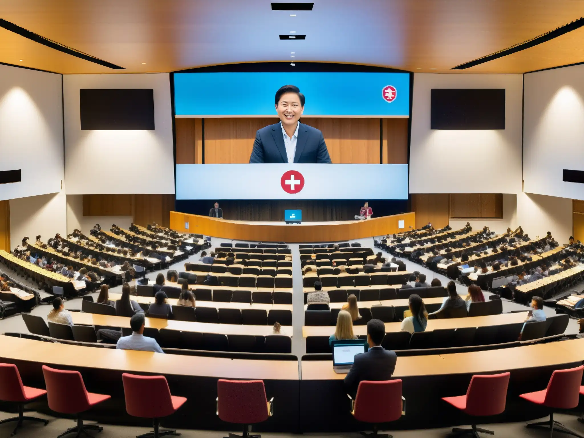 Moderna sala de conferencias en Stanford: interacción global en directo Estudiantes participando en videoconferencia en moderno aula de Stanford