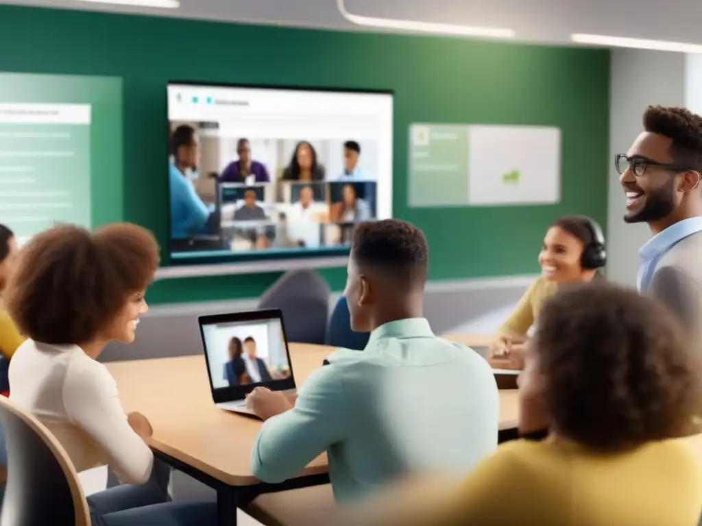 Clase virtual interactiva con API personalizada Estudiantes interactúan en videoconferencia con API de personalización en aula moderna