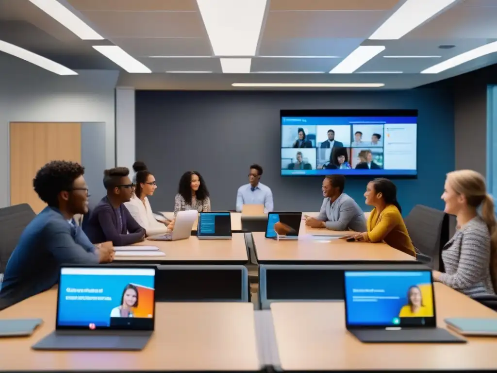 Estudiantes interactúan en videoconferencia Estudiantes participando en una videoconferencia con personalización avanzada