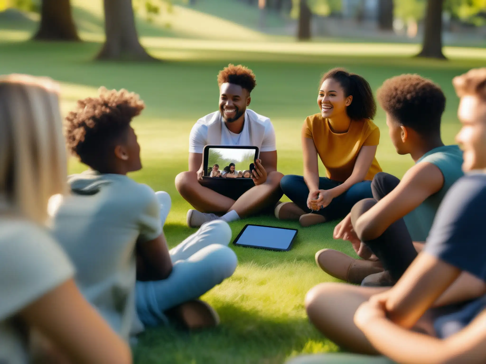 Estudiantes disfrutan aprendizaje offline en la naturaleza Estudiantes participan en videoconferencia útil sin internet en un animado círculo en campo soleado