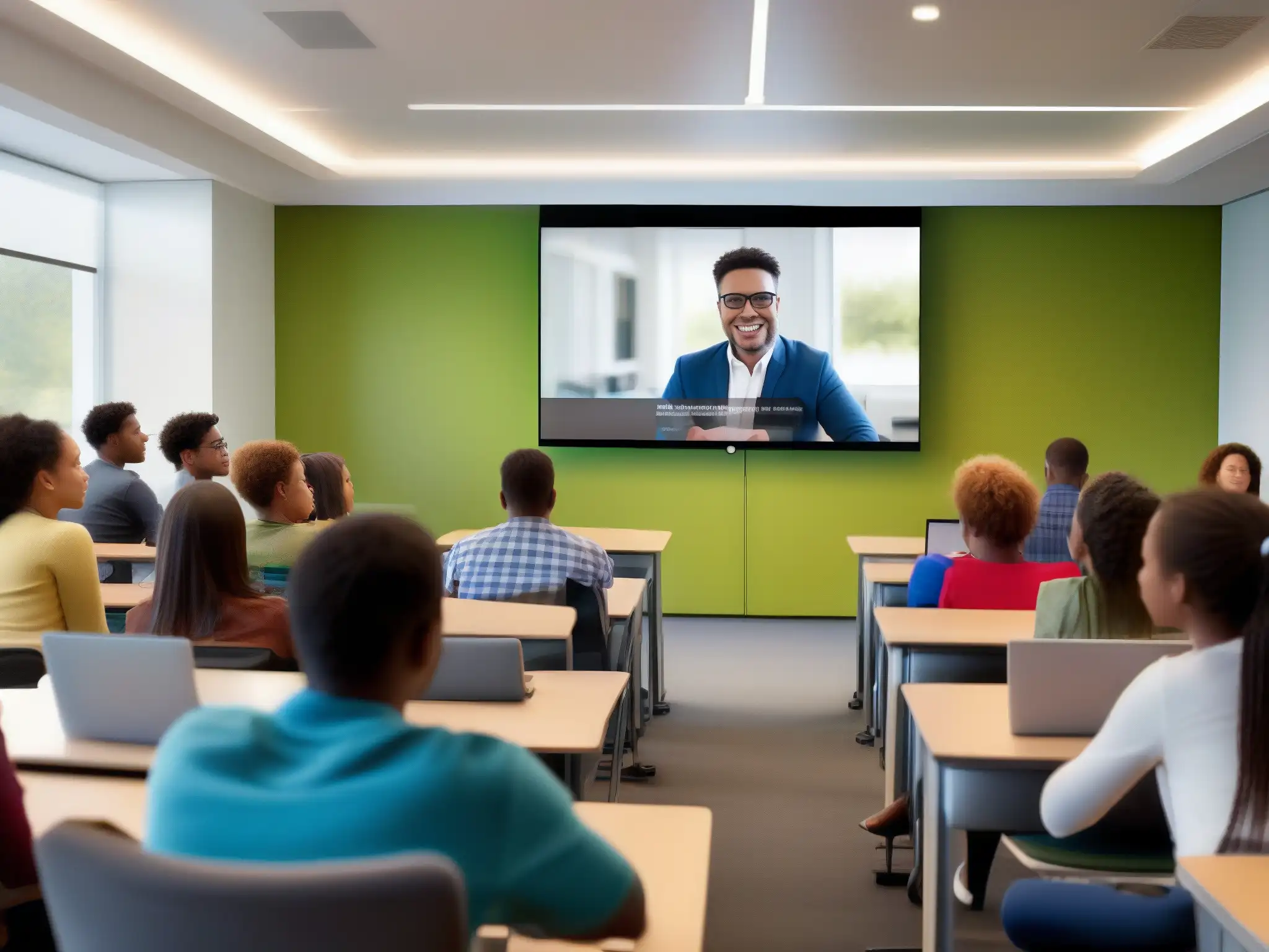 Aula moderna con videoconferencia dinámica Estudiantes participando en videoconferencias automatizadas formación a distancia en un aula moderna y luminosa, con tecnología integrada