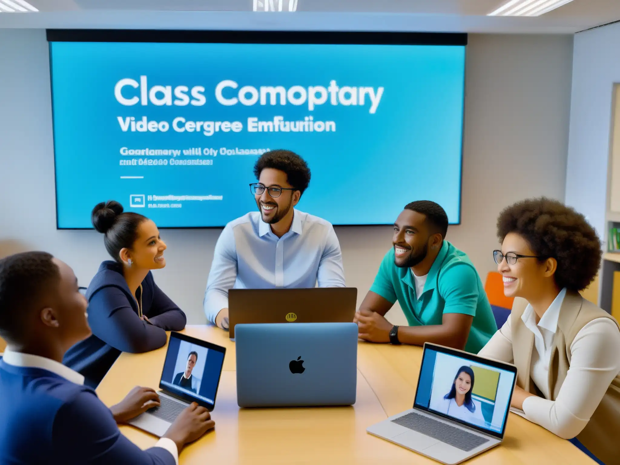 Clase virtual vibrante: estudiantes conectados con su profesor Estudiantes participando en videoconferencias en educación a distancia con su profesor, en un ambiente colaborativo e innovador