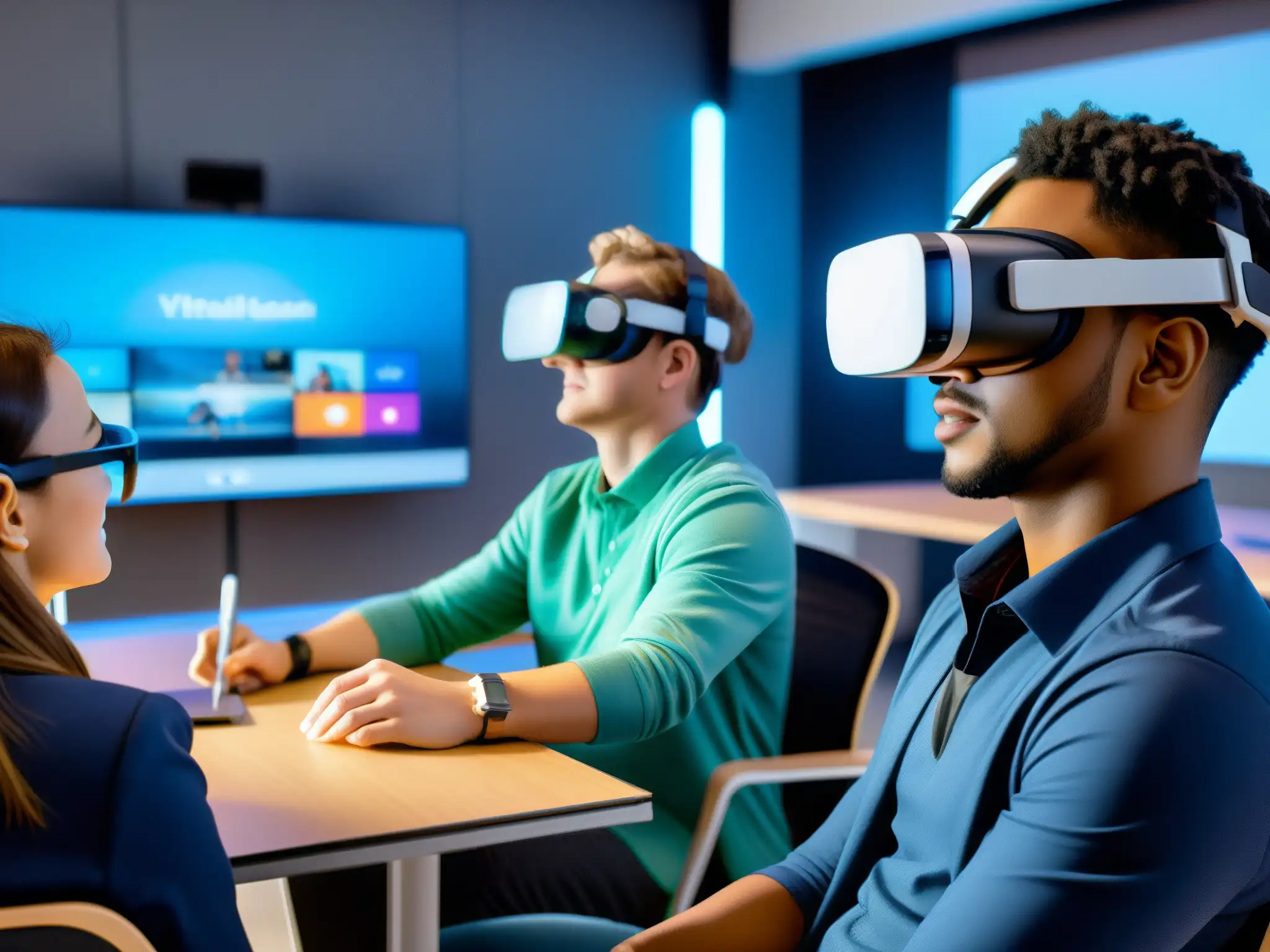 Clase virtual en 8k: Estudiantes inmersos en realidad virtual Estudiantes participando en videoconferencias en educación virtual con tecnología VR y entorno dinámico en 3D