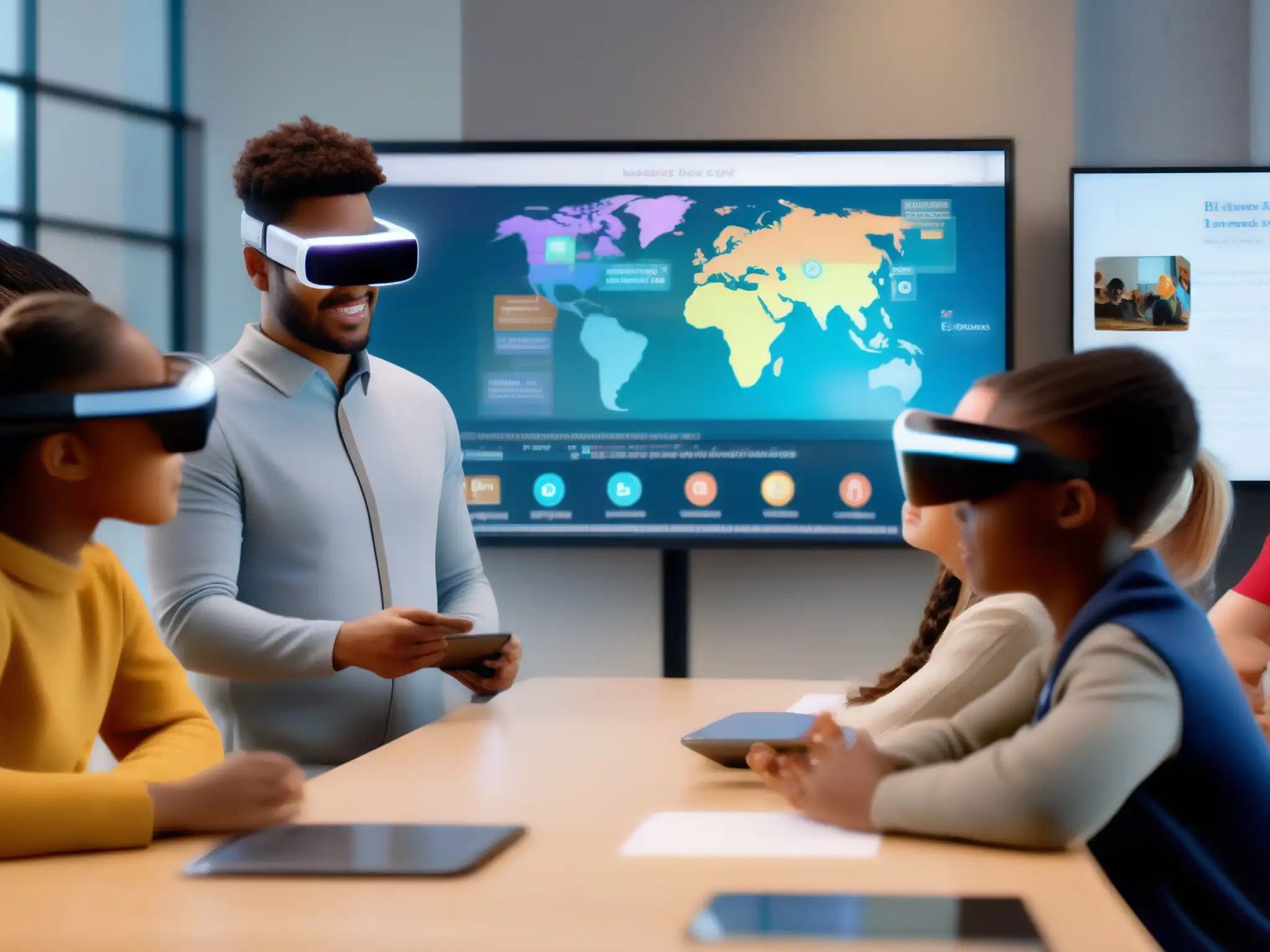 Aula virtual con realidad aumentada, diversidad y tecnología innovadora Estudiantes participan en videoconferencias inclusivas en Realidad Aumentada, integrando elementos 3D y tecnología para un aprendizaje inclusivo