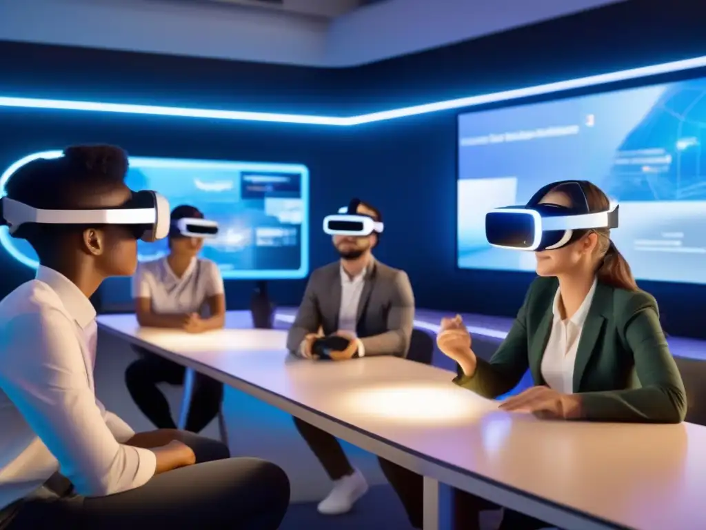 Aula virtual inmersiva: estudiantes interactúan con tecnología holográfica Estudiantes participan activamente en videoconferencias en educación virtual, inmersos en un aula digital futurista llena de tecnología innovadora