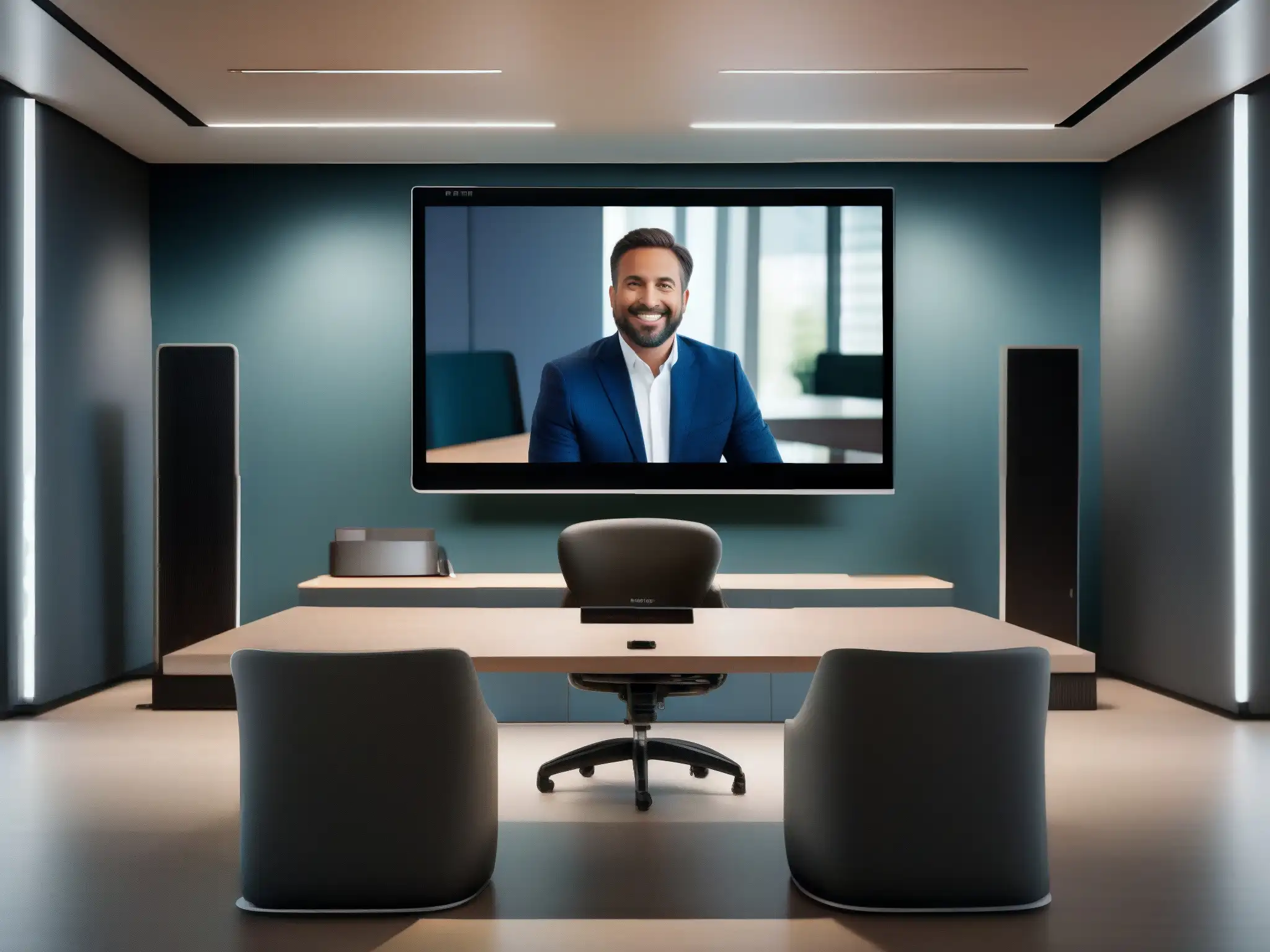 Estudio de webinar moderno: tecnología y diseño integrados Estudio de webinar moderno con equipo profesional para videoconferencias