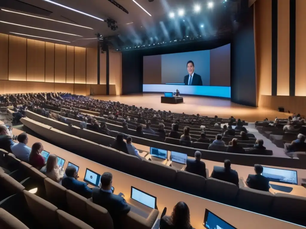 Conferencia virtual en auditorio moderno Evento de videoconferencia a gran escala en un auditorio moderno y elegante, con alta tecnología y usabilidad