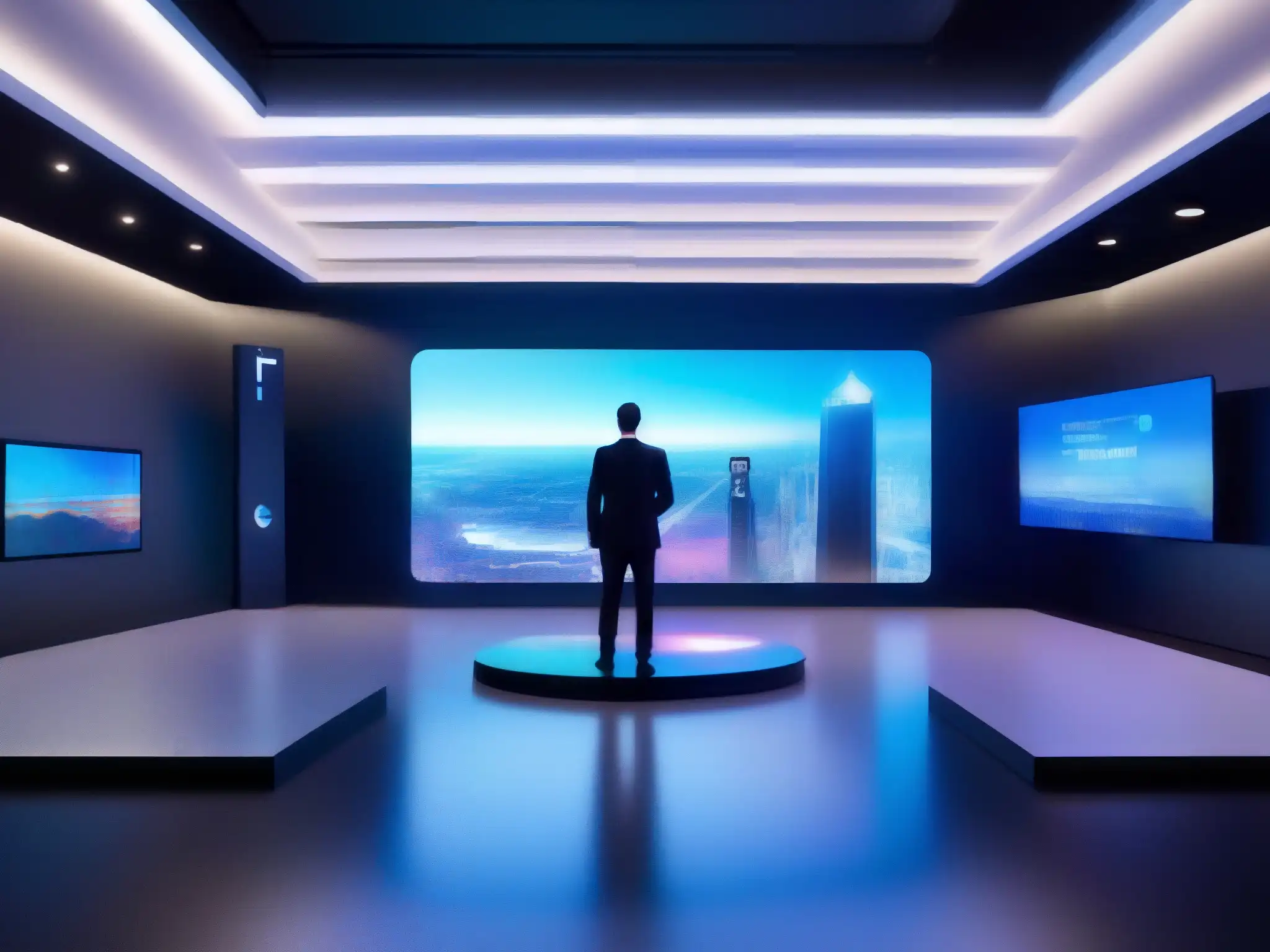 Experiencia virtual futurista con avatares AI y análisis en tiempo real Evento virtual con integración de IA: avatares interactúan en hologramas futuristas, mientras herramientas ofrecen análisis en tiempo real