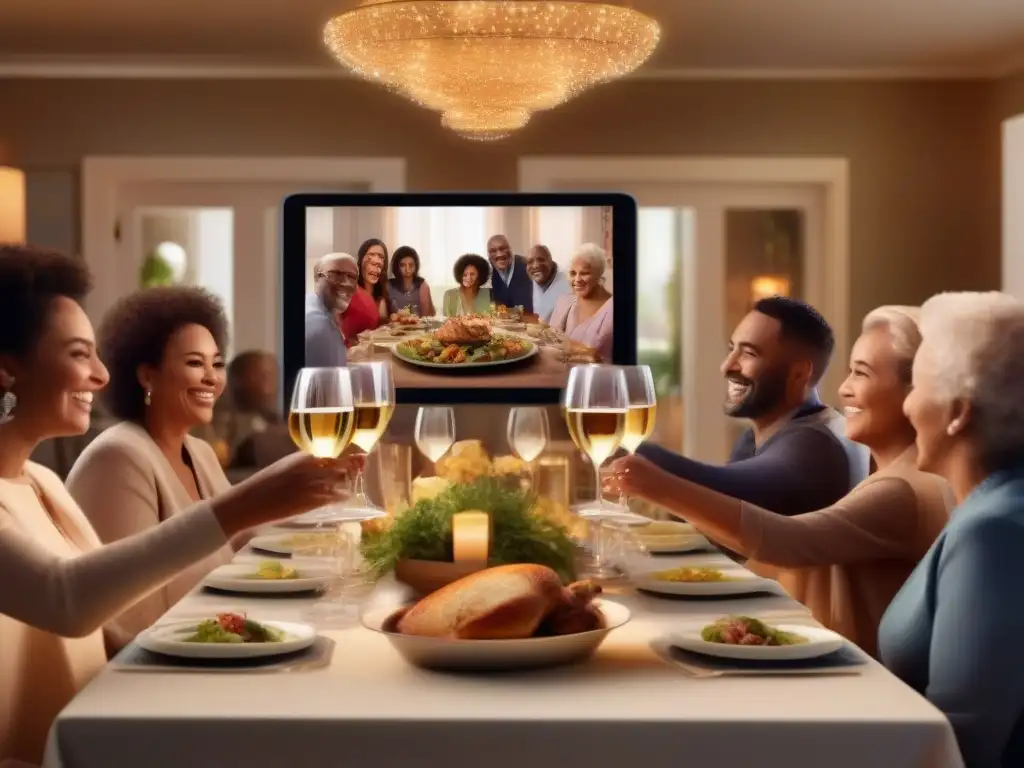 Brindis virtual: Reunión familiar inolvidable Organizar eventos familiares virtuales: Reunión familiar virtual con brindis, mesa elegante y ambiente acogedor a pesar de la distancia física